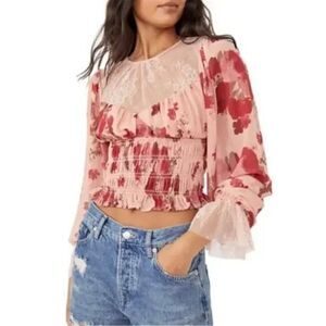 NWT Free People Floral Lace Long Sleeve Crop Daphne Blouse Sz S Romantic